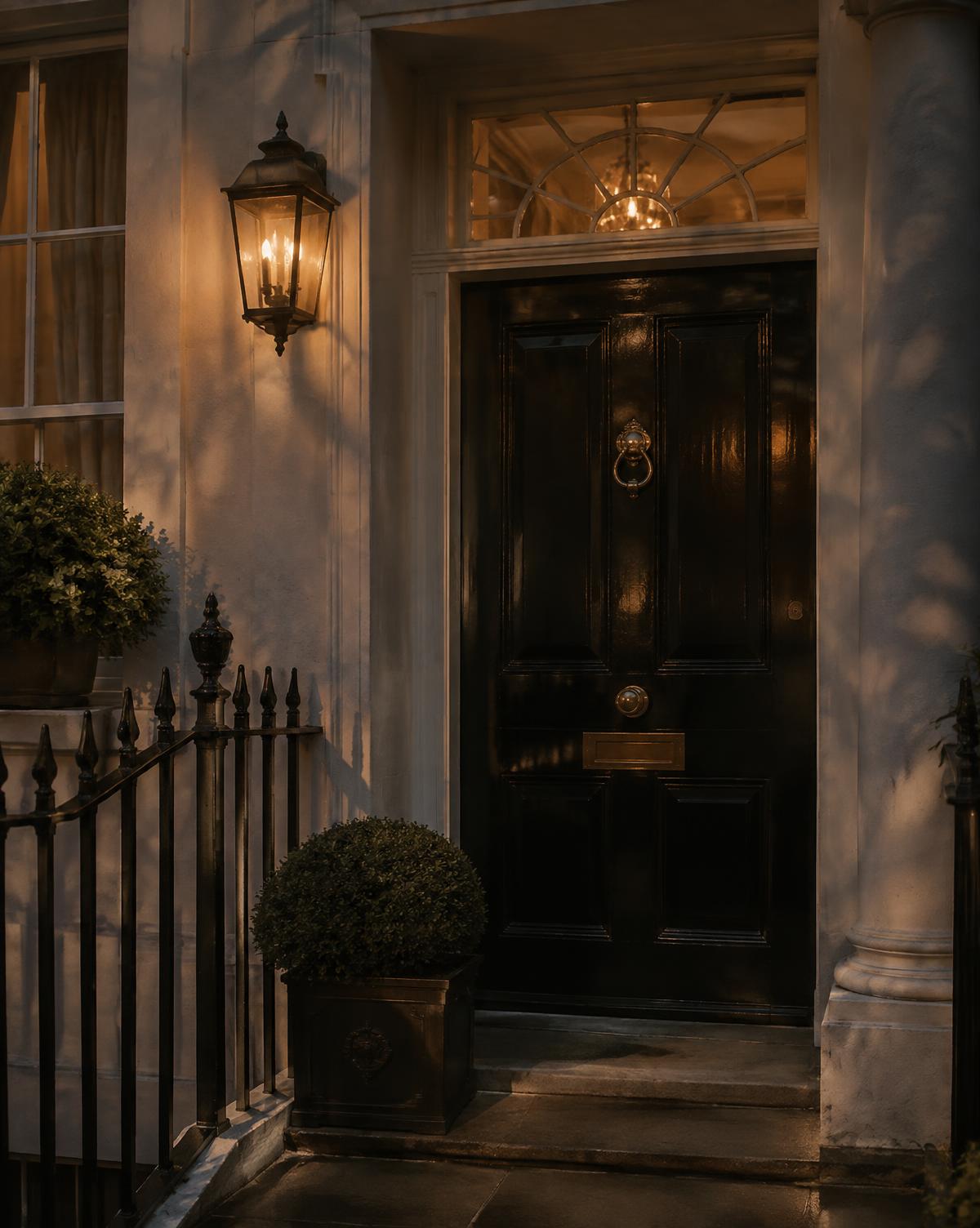 A black lacquered townhouse door lit by a lantern at dusk
