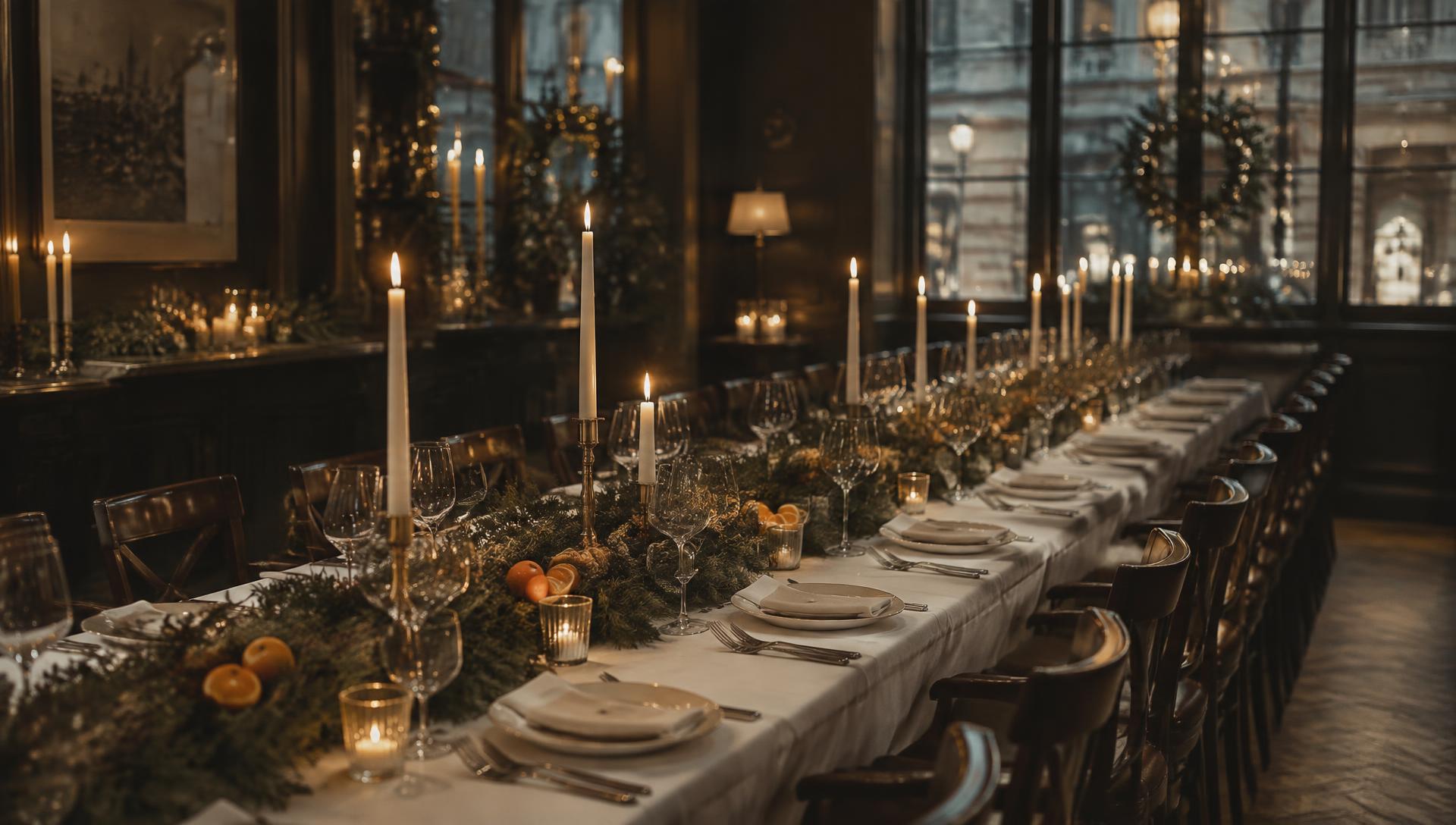 A long candlelit dinner table dressed in white linen and winter greenery