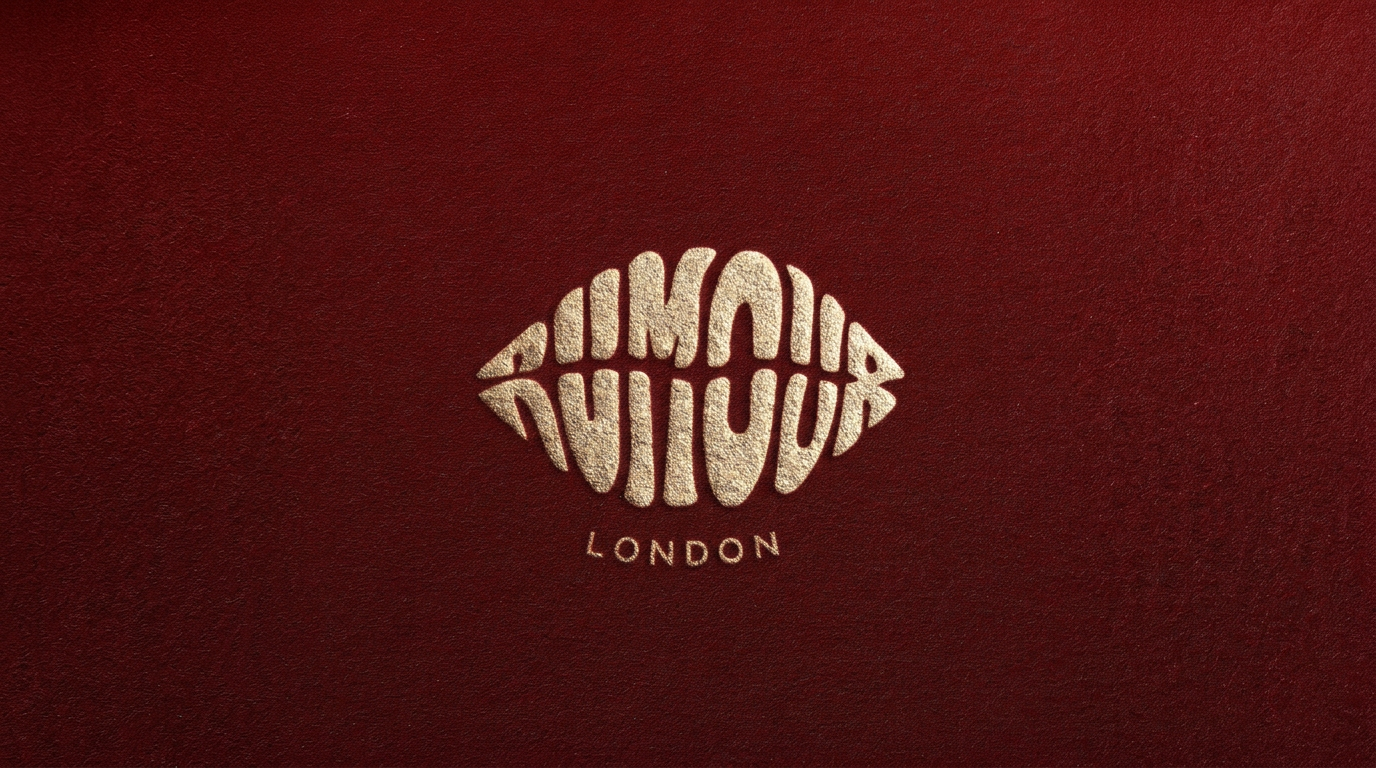 RUMOUR London — gold embossed eye-shaped wordmark on deep-red suede